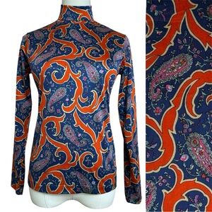 Vintage 70's Profile Ski Wear Paisley Ornate Pattern Mock Neck Long Sleeve Shirt